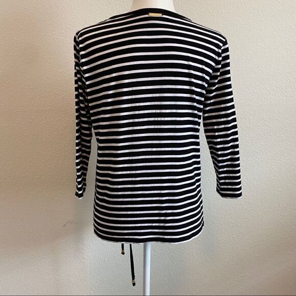MICHAEL Michael Kors Black Stripe Front Tie 3/4 Sleeve Stretchy Top Large - Picture 6 of 11